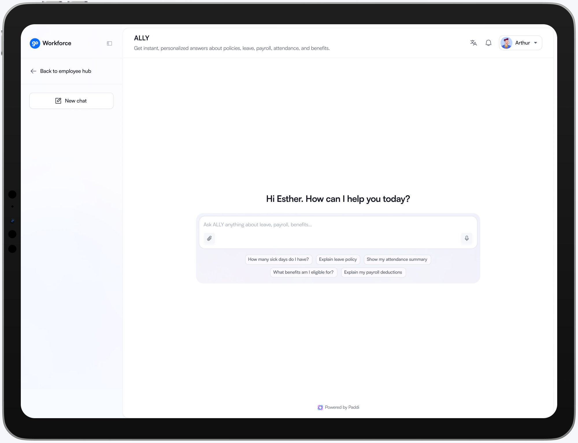 Ally AI conversation interface displayed on a tablet