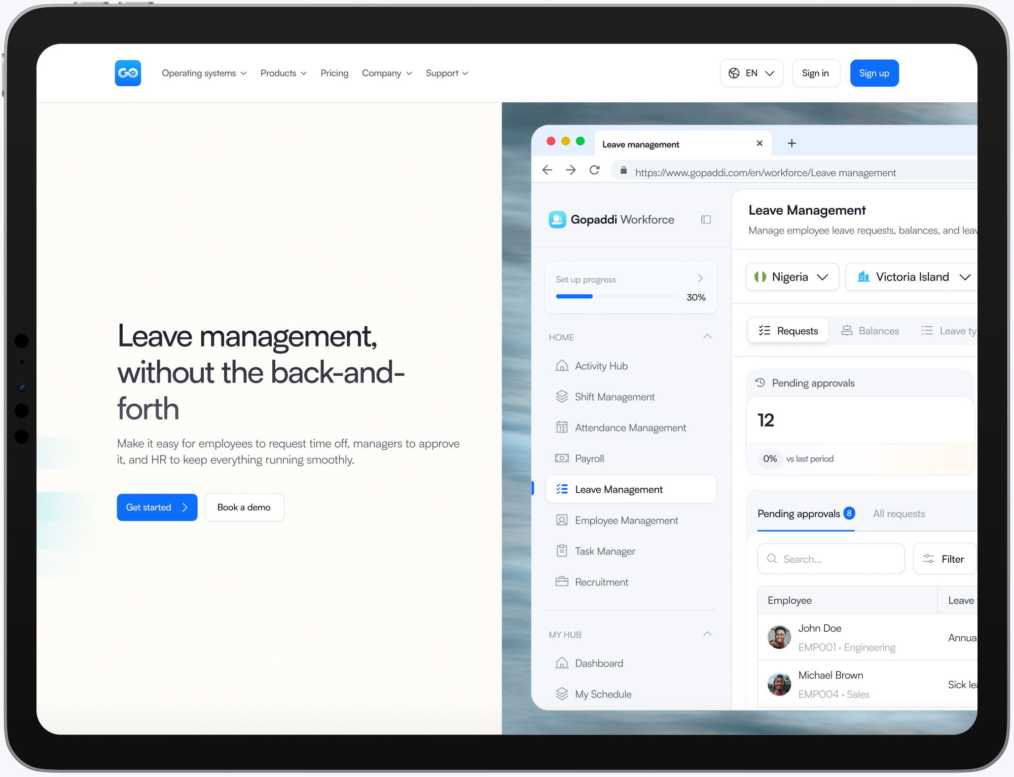 Leave management landing page displayed on a tablet