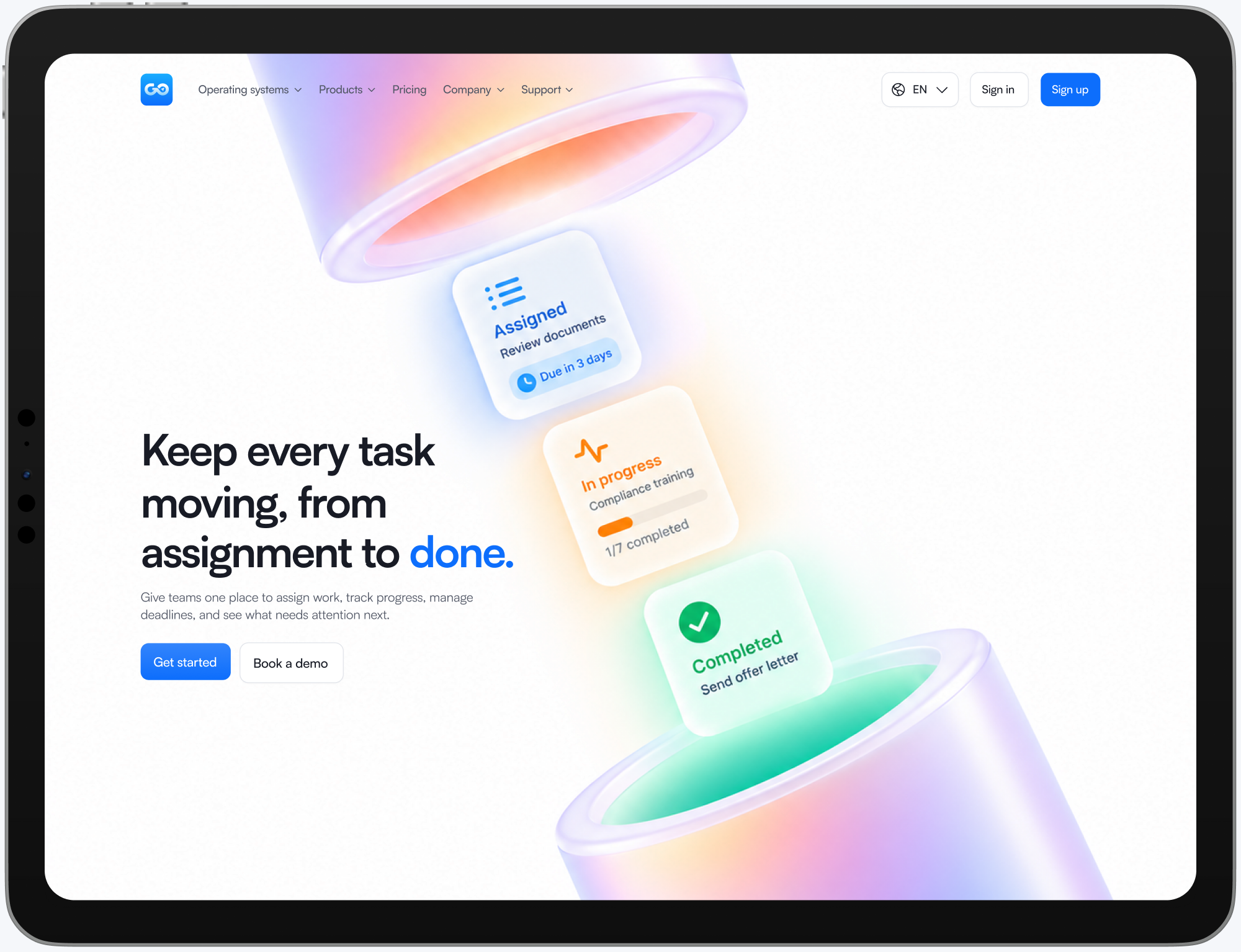 Task workflow landing page displayed on a tablet