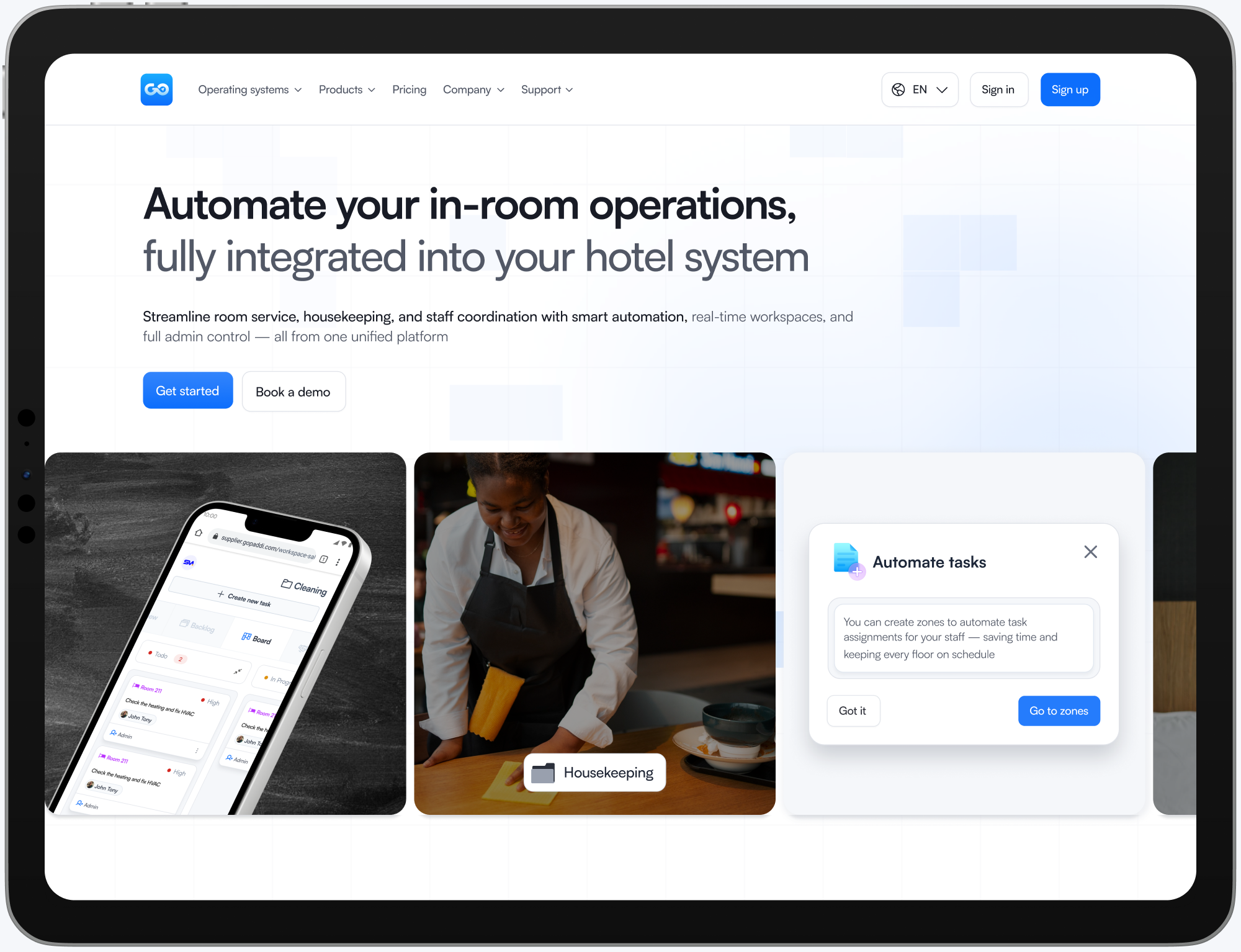 Hotel operations landing page displayed on a tablet