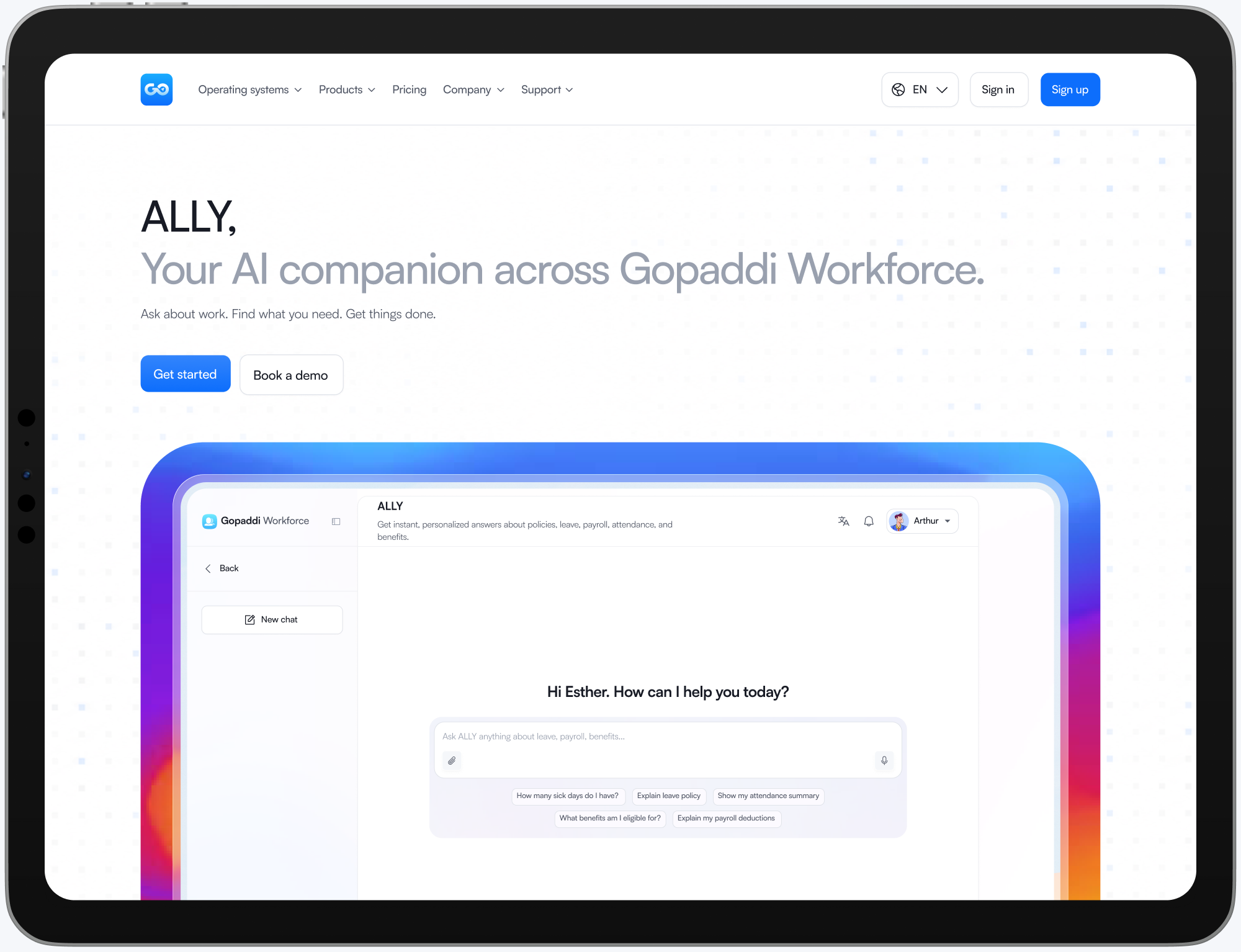 Ally AI landing page displayed on a tablet