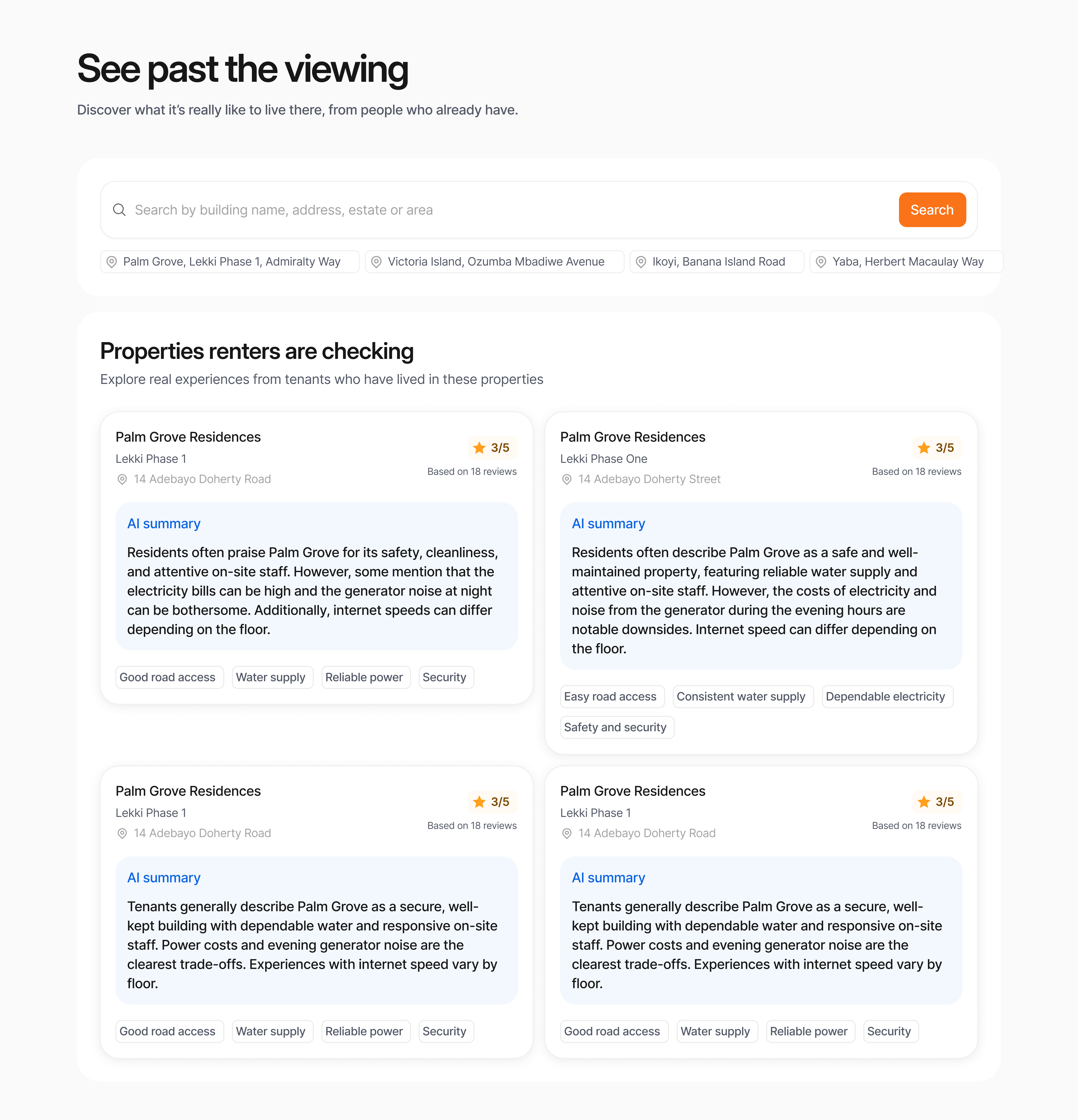 Four Palm Grove tenant review summaries covering security, water supply, power costs, generator noise, and internet reliability.