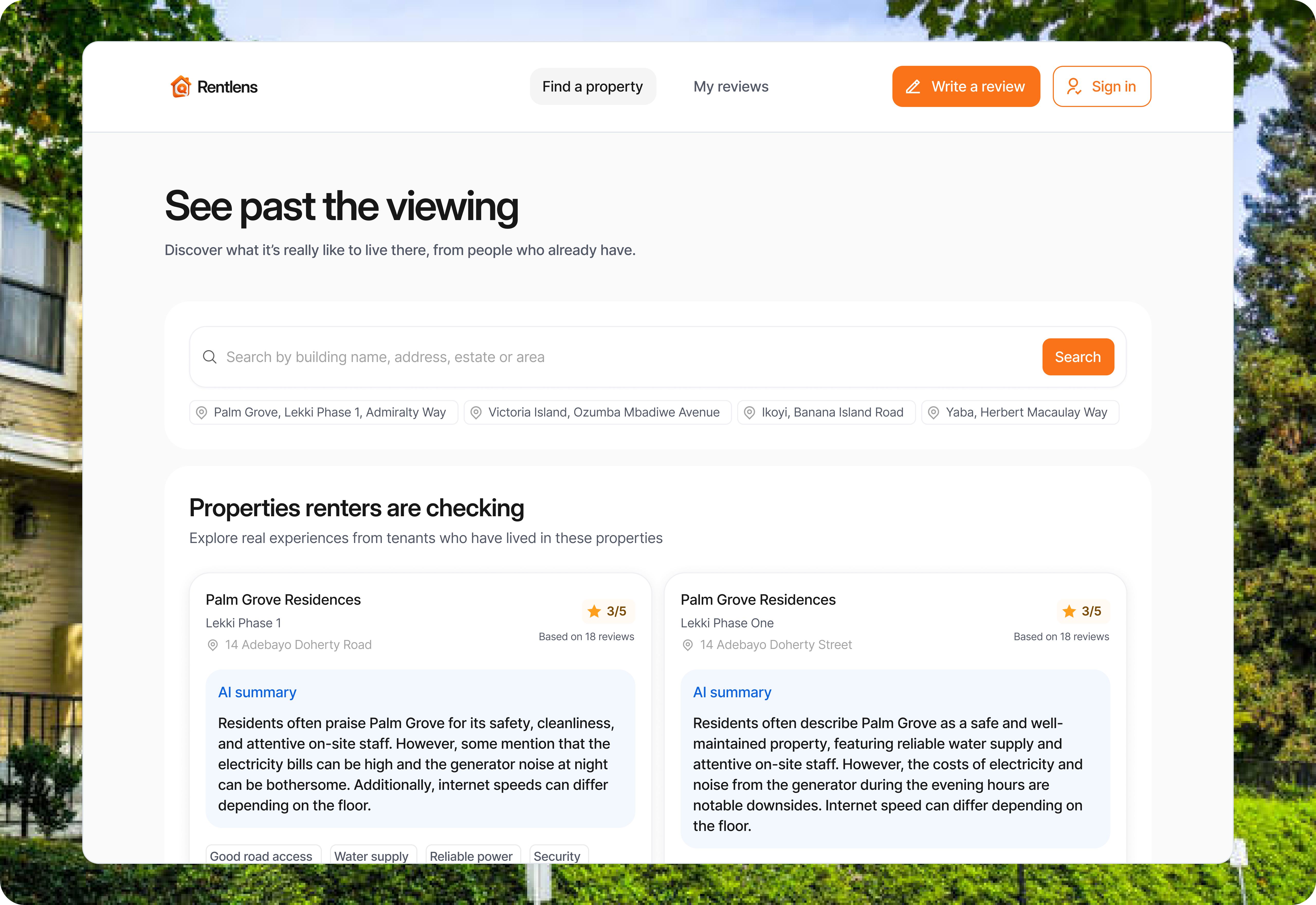 Rentlens property discovery interface with tenant reviews and AI summaries