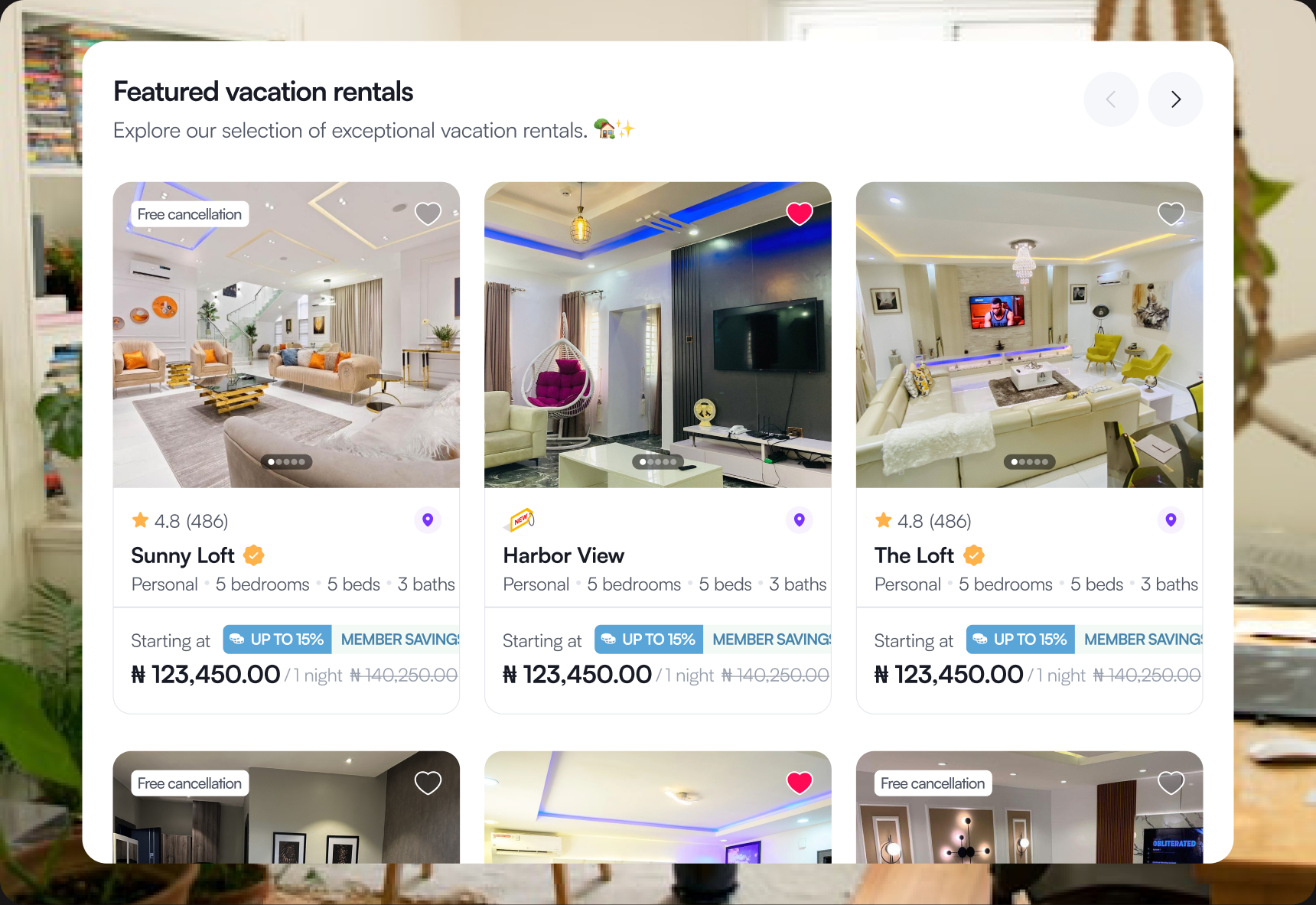 Featured vacation rental listings on the Gopaddi Marketplace, including Sunny Loft, Harbor View, and Bright Haven