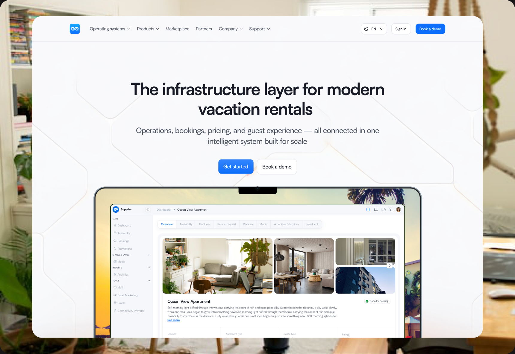 Vacation Rentals landing page hero showing its headline and product preview